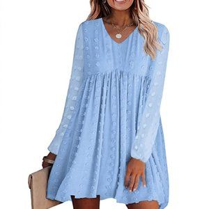 NEW! Swiss Dot Long Sleeve V-Neck Babydoll Mini Dress - Medium - Light Blue